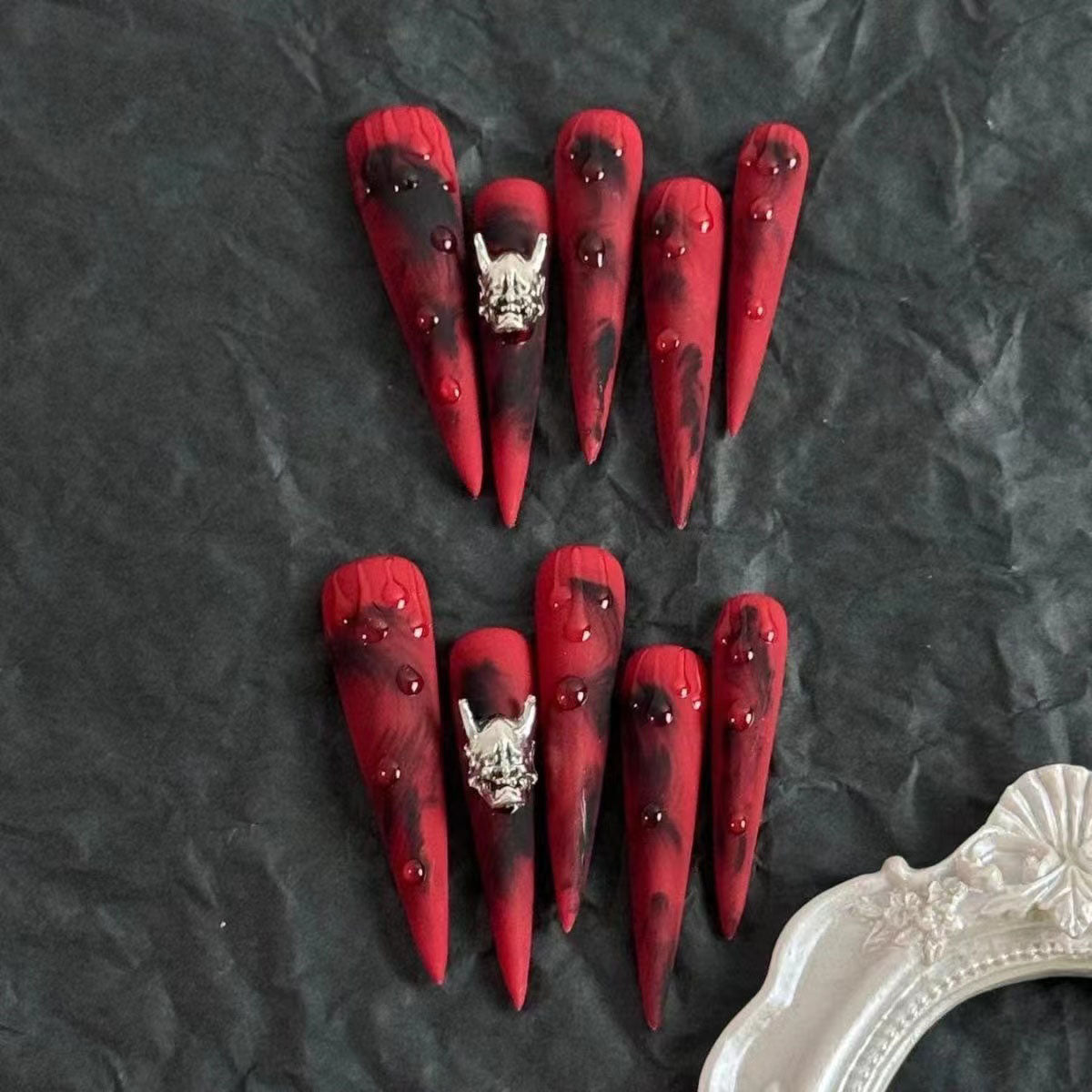 [Blazing Ghost Face] Handmade Nail Art Long Tip Nail Wear Dark Halo Halloween Nail Nails