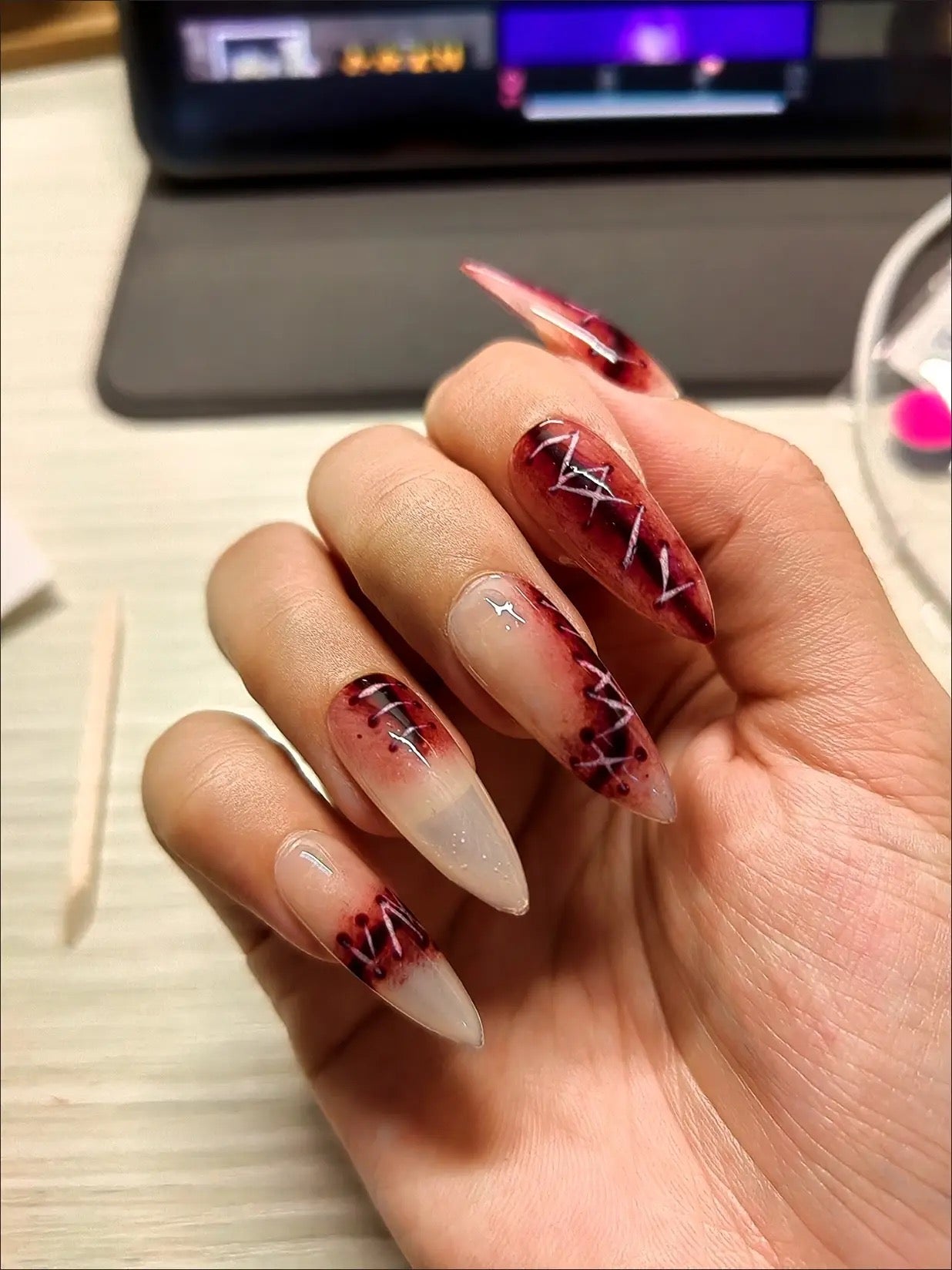 Wound Stitching Realistic Nail Art Simulation Wound Wear Nails Halloween Nail Art