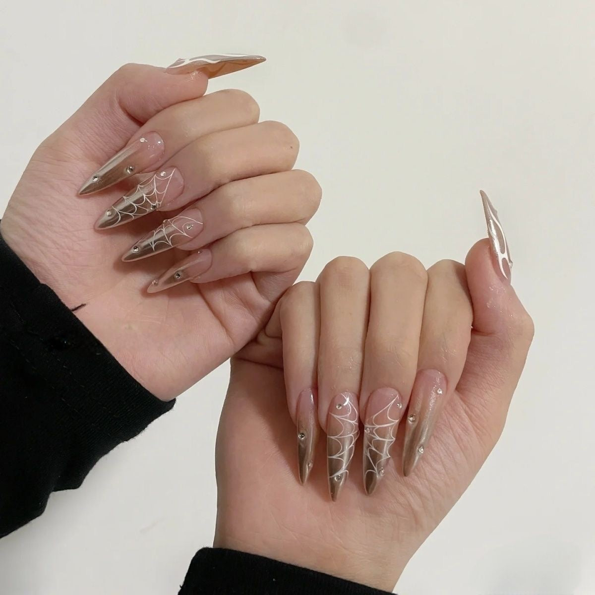 Luxury Metallic Gold Spiderweb Stiletto Nails – Glamorous Design with Rhinestone Accents!