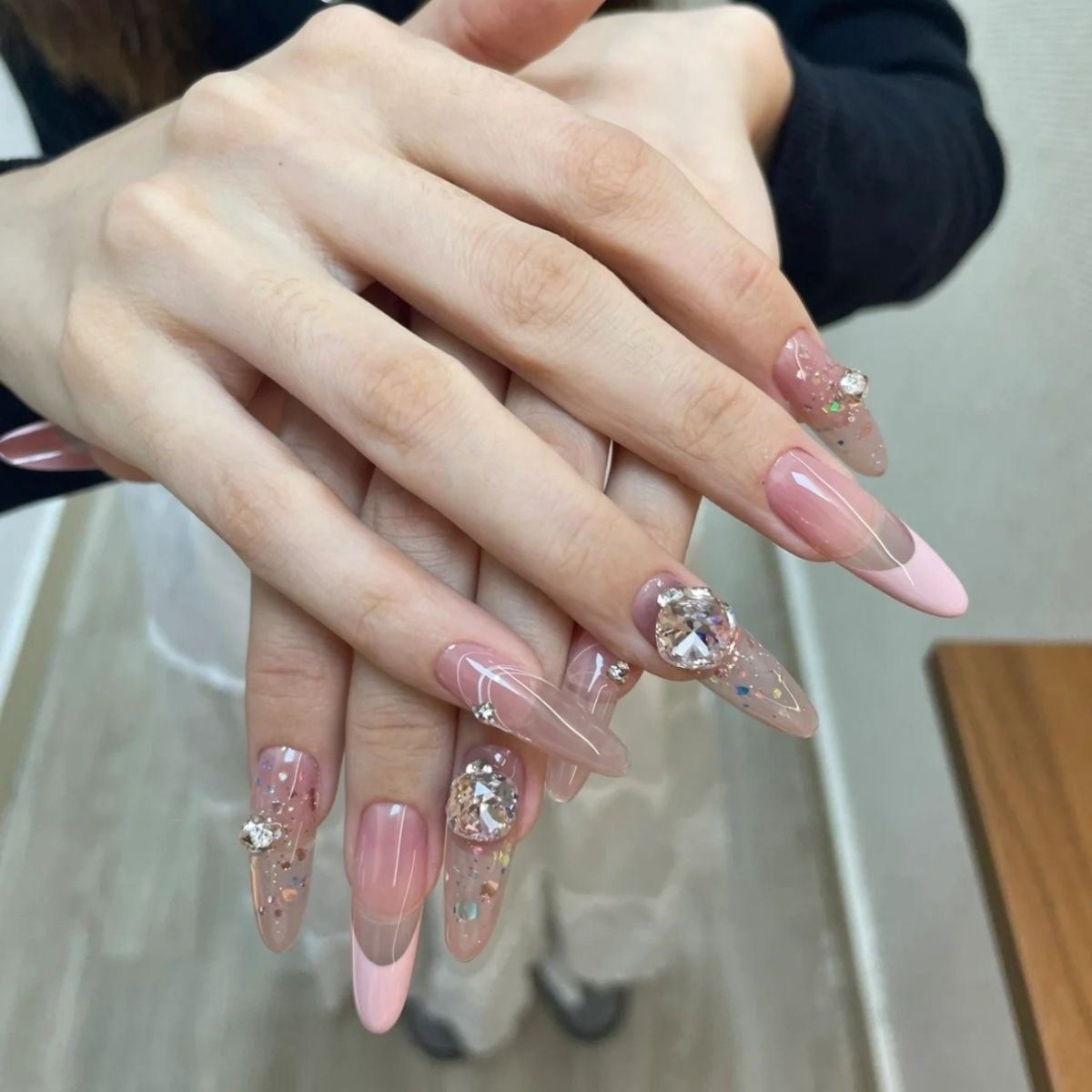 Pink French style high-level stick diamonds thousand gold handmade wearing nails