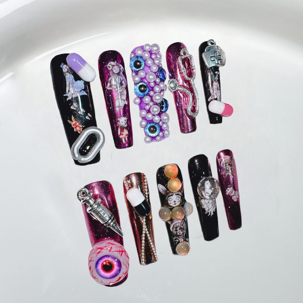 Halloween Wear Nails Deadly Nurse Handmade Reusable Nail Art