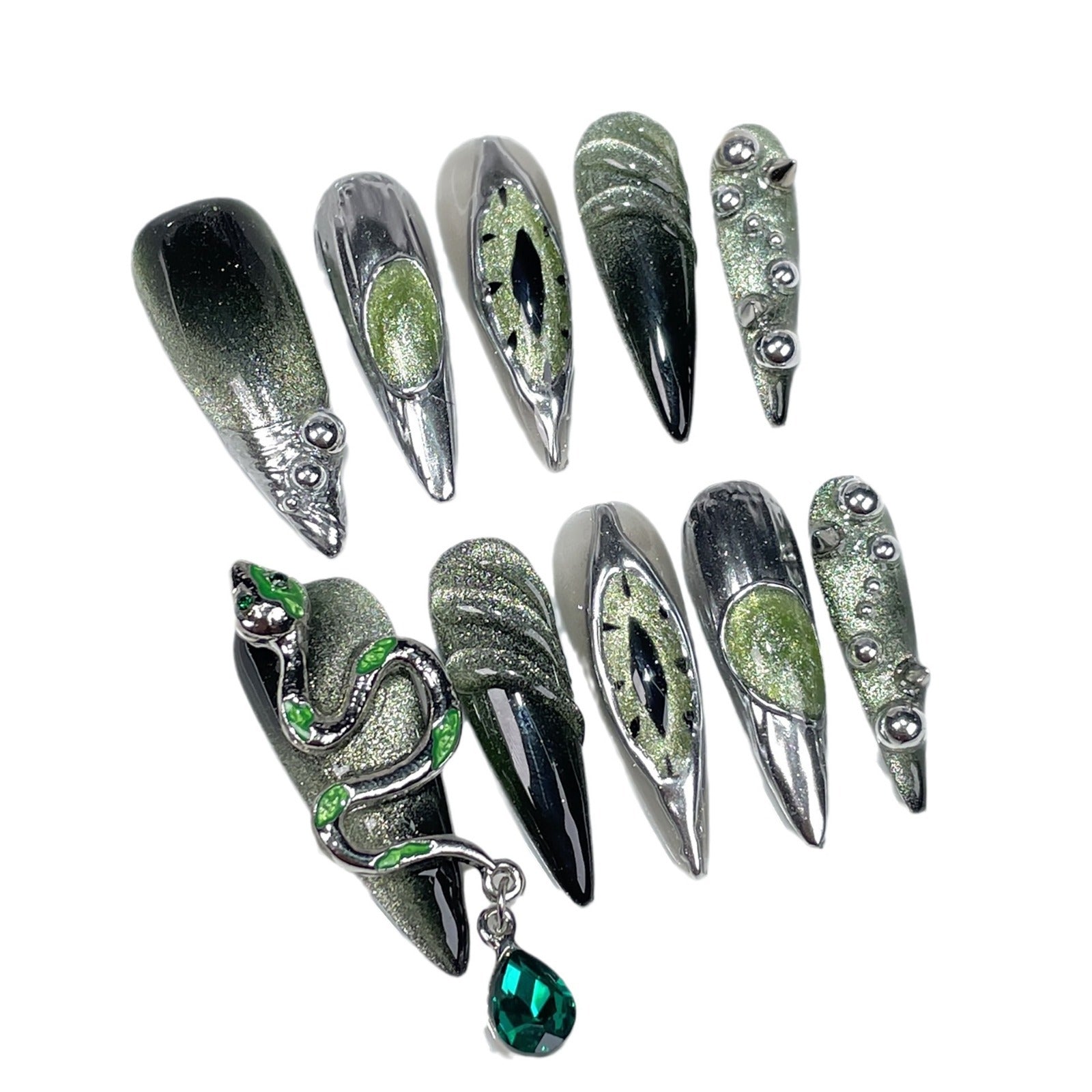 Customized Reusable Long Tip Diablo Slytherin Snake Handmade Pressing Nail Gel Nail Art Hand Painting Pressing